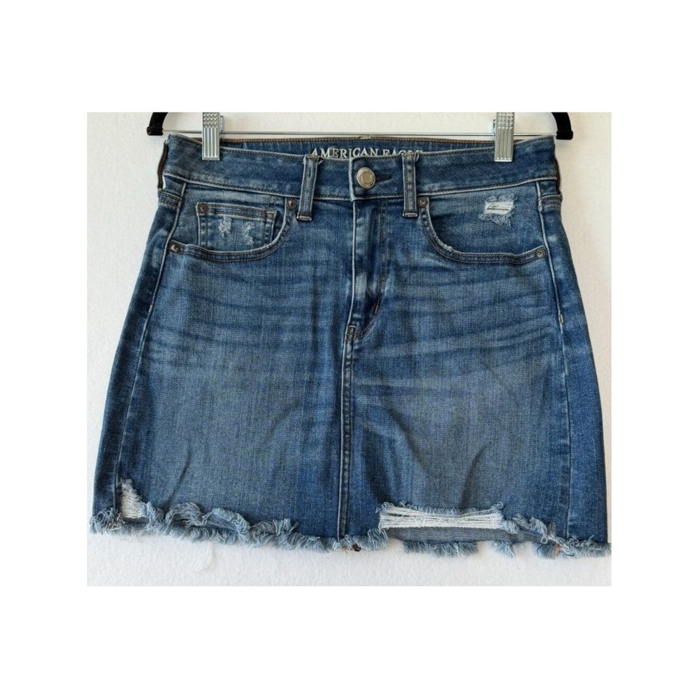 American Eagle Super Stretch Denim Mini Skirt – Distressed Hem – Size 6